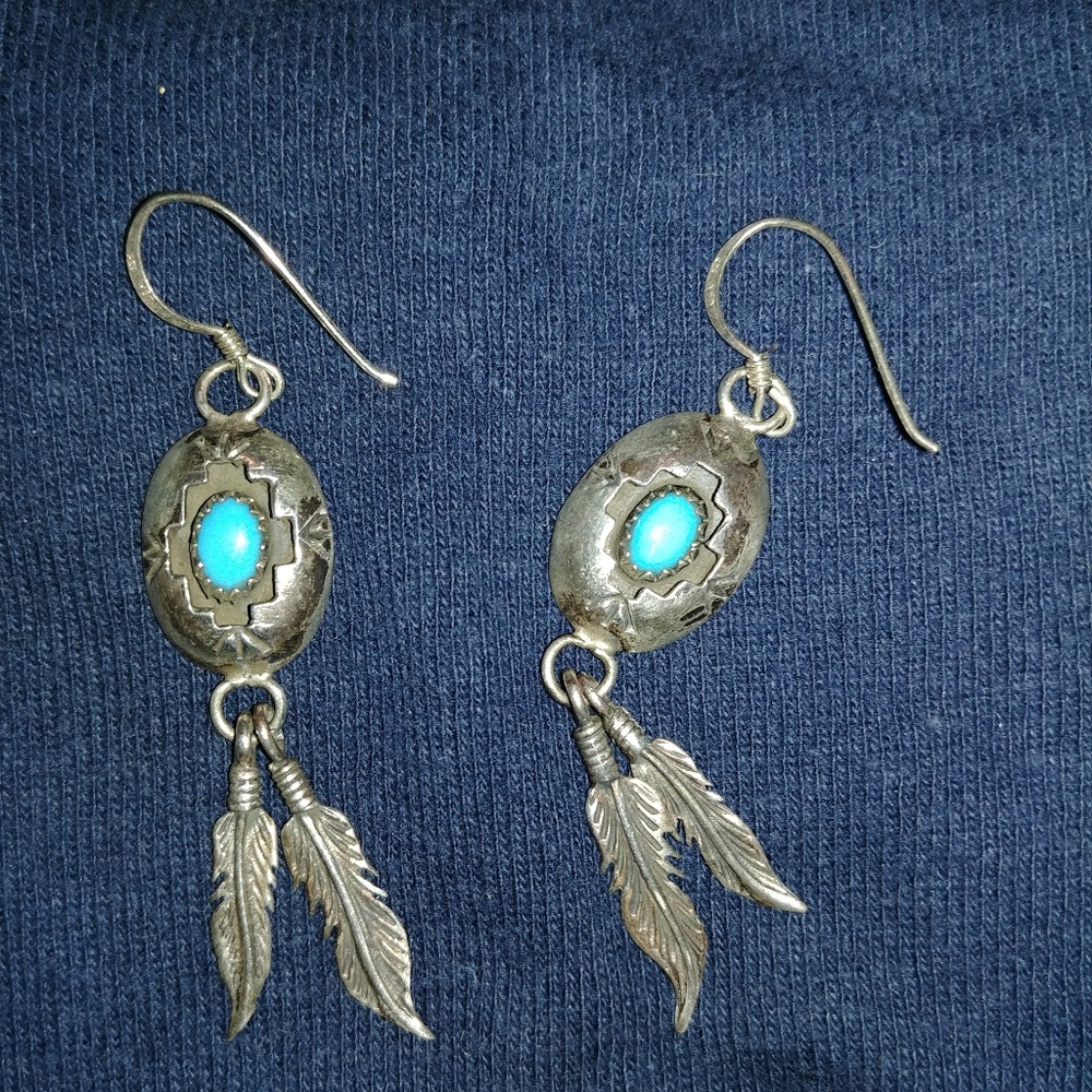 Native American Silver Turquoise Pierced Ear Set.
